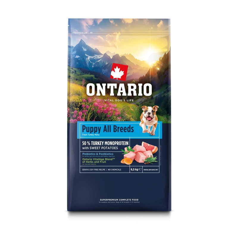 Ontario Puppy & Junior All Breeds Monoprotein Turkey & Sweet Potatoes 2,25 kg sausas maistas šuniukams
